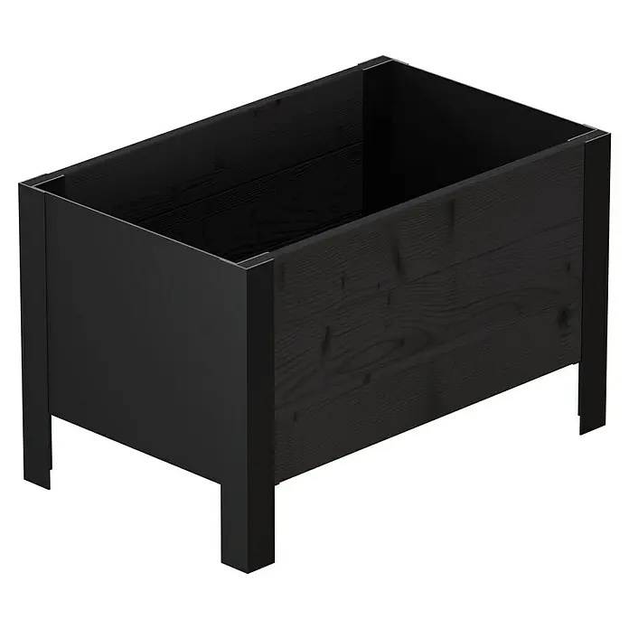 Upyard Pflanzkasten Modernbox niedrig - 58 x 36 x 32 cm, Holz, Schwarz - Schwarzes rechteckiges Hochbeet oder Pflanzgefäß aus dunklem Holz mit Metalleckstützen und -beinen.