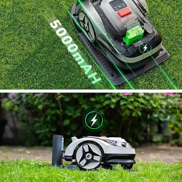 RoboUp Mähroboter Raccoon 2 SE - 600 m², Schnittbreite: 20 cm, Kamera-gestützte Navigation - Weiß-schwarzer Mähroboter, der seinen 5000mAh Akku hervorhebt und an seiner Ladestation auflädt.