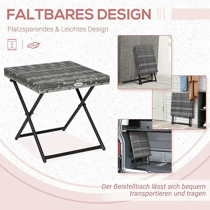 Outsunny Garten-Beistelltisch mit Stahlrahmen - Stahl, PE-Ratten, Klappbar, Quadratisch, Grau
