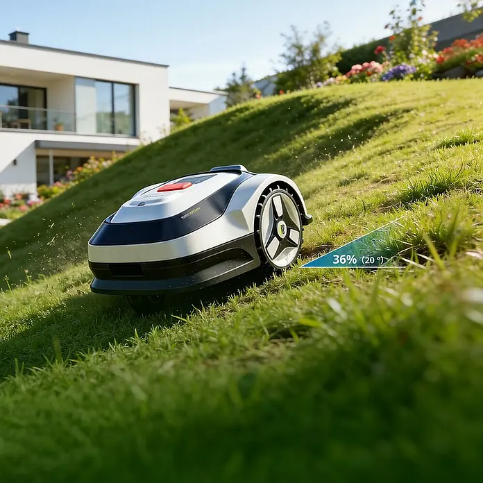 RoboUp Mähroboter Raccoon 2 SE - 600 m², Schnittbreite: 20 cm, Kamera-gestützte Navigation - Weißer und schwarzer Rasenroboter mit rotem Knopf, mäht einen 36% (20°) geneigten grünen Rasen. Mit Speichenrädern.