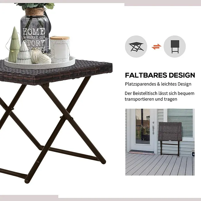 Outsunny Garten-Beistelltisch mit Stahlrahmen - Stahl, PE-Ratten, Klappbar, Quadratisch, Braun