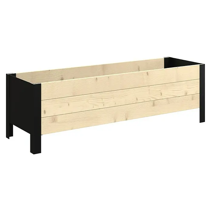 Upyard Macetero para plantas Modernbox Niedrig - 118 x 36 x 32 cm, Madera, Natural - Jardinera rectangular con lados de madera clara y estructura y patas de metal negro.