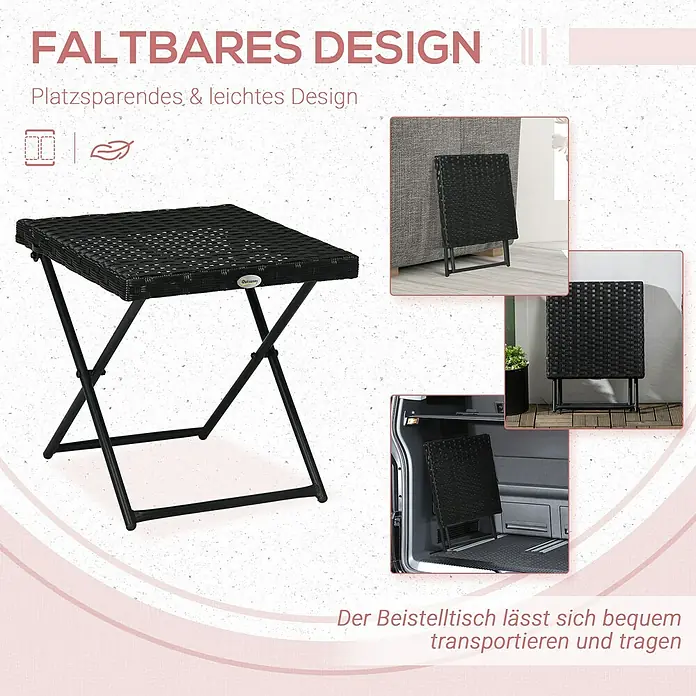 Outsunny Garten-Beistelltisch mit Stahlrahmen - L x B x H: 40 x 40 x 40 cm, Stahl, PE-Ratten, Klappbar, Quadratisch, Schwarz