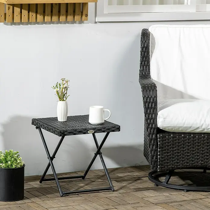 Outsunny Garten-Beistelltisch mit Stahlrahmen - L x B x H: 40 x 40 x 40 cm, Stahl, PE-Ratten, Klappbar, Quadratisch, Schwarz