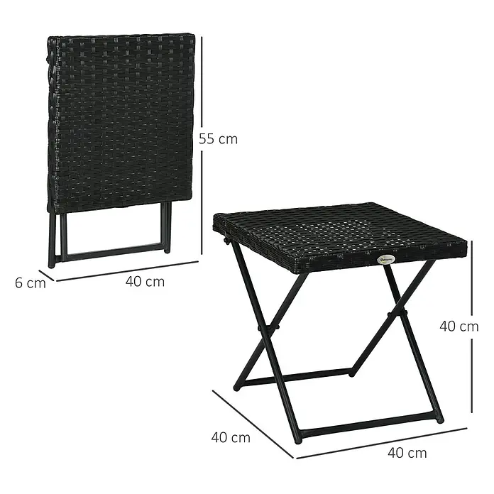 Outsunny Garten-Beistelltisch mit Stahlrahmen - L x B x H: 40 x 40 x 40 cm, Stahl, PE-Ratten, Klappbar, Quadratisch, Schwarz