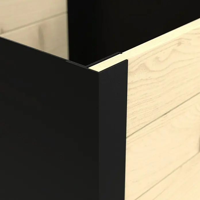 Upyard Pflanzkasten Modernbox niedrig - 36 x 36 x 32 cm, Holz, Natur/Schwarz - Ecke eines Hochbeets mit hellen Holzplanken und schwarzen strukturierten Paneelen.