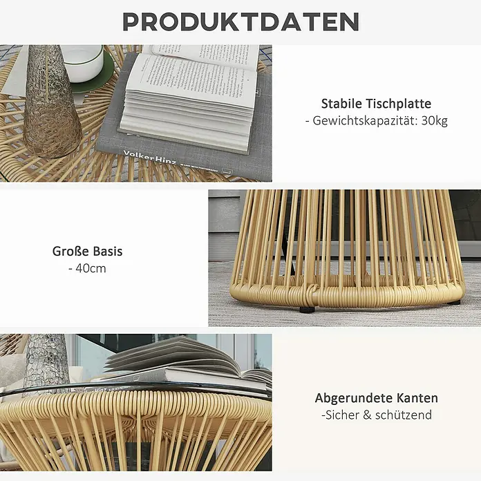 Outsunny Garten-Beistelltisch rund im Boho-Stil - Ø x H: 40 x 42 cm, Metall, PE-Rattan, Beige