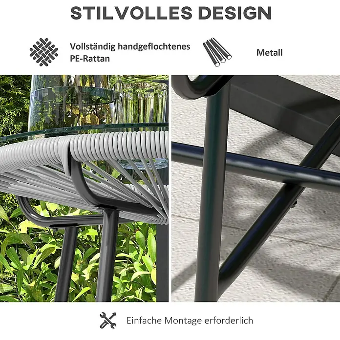 Outsunny Garten-Beistelltisch rund im Boho-Stil, Wetterbeständig - Metall, PE-Rattan, Grau