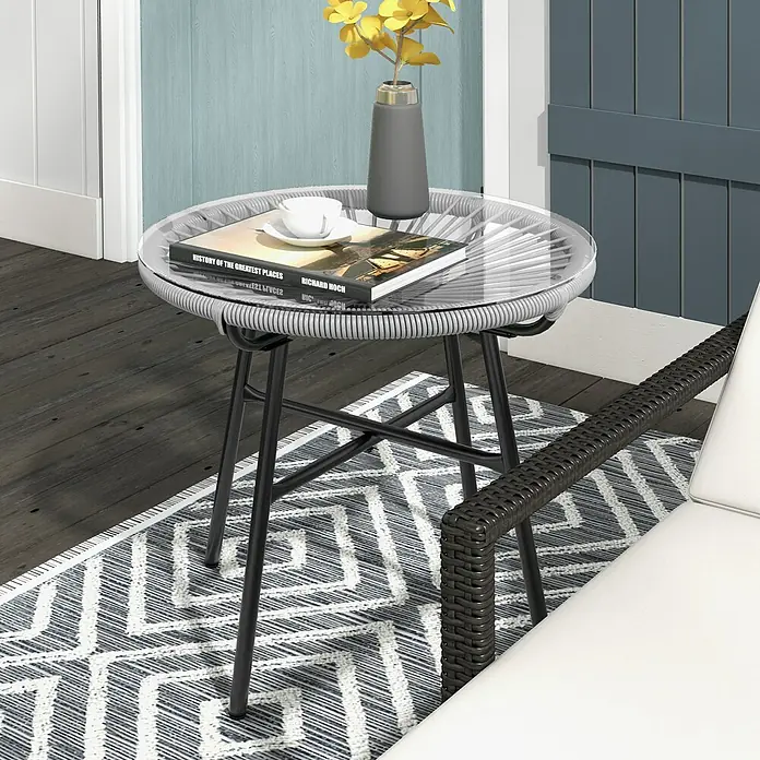 Outsunny Garten-Beistelltisch rund im Boho-Stil, Wetterbeständig - Metall, PE-Rattan, Grau