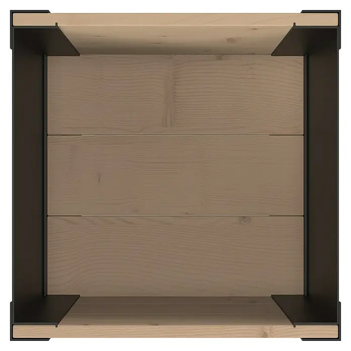 Upyard Pflanzkasten Modernbox niedrig - 36 x 36 x 32 cm, Holz, Braun/Schwarz - Leere Holzkiste von oben mit schwarzen Metalleckverstrebungen.