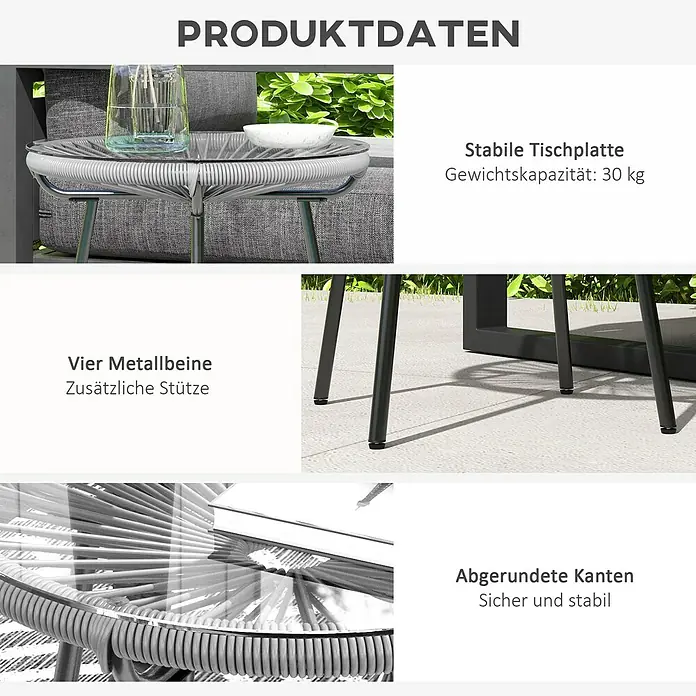 Outsunny Garten-Beistelltisch rund im Boho-Stil, Wetterbeständig - Metall, PE-Rattan, Grau