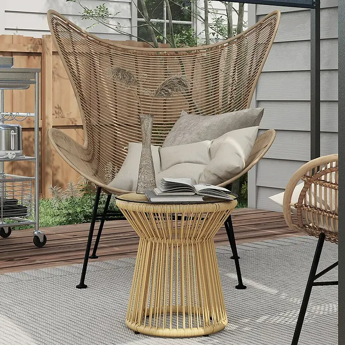 Outsunny Garten-Beistelltisch rund im Boho-Stil - Ø x H: 40 x 42 cm, Metall, PE-Rattan, Beige