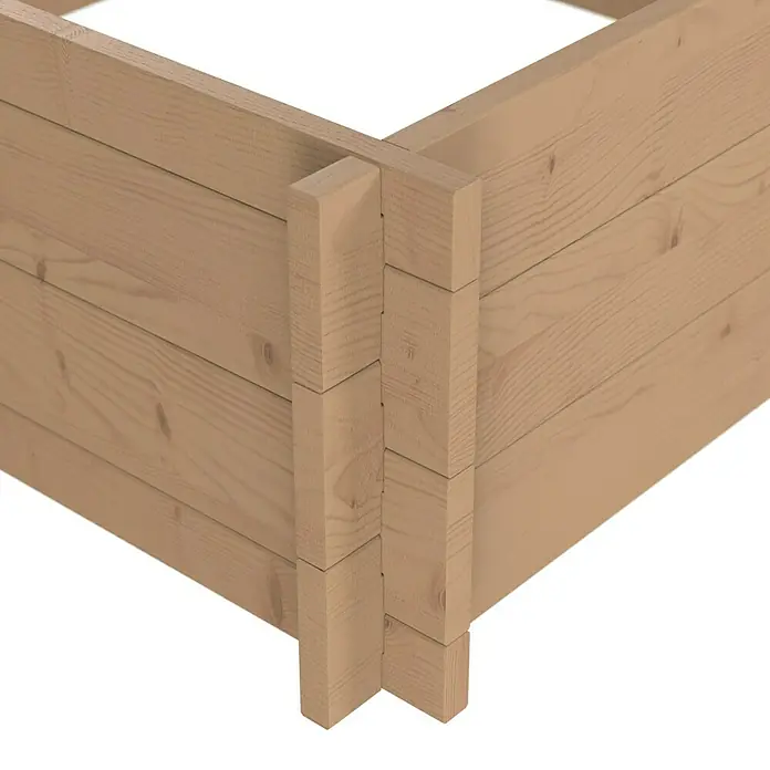 Upyard Hochbeet Multibox - L x B x H: 79 x 79 x 29,5 cm, Holz, Braun - Helle Holz-Ecke eines modularen Hochbeets mit ineinandergreifenden Brettern.
