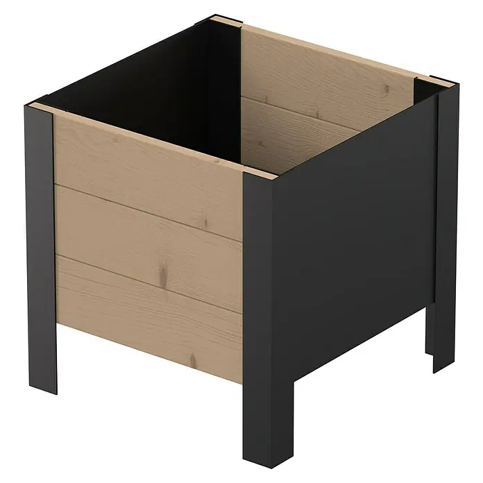 Upyard Pflanzkasten Modernbox niedrig - 36 x 36 x 32 cm, Holz, Braun/Schwarz - Hochbeet mit schwarzem Metallrahmen und hellbraunen Holzpaneelen.