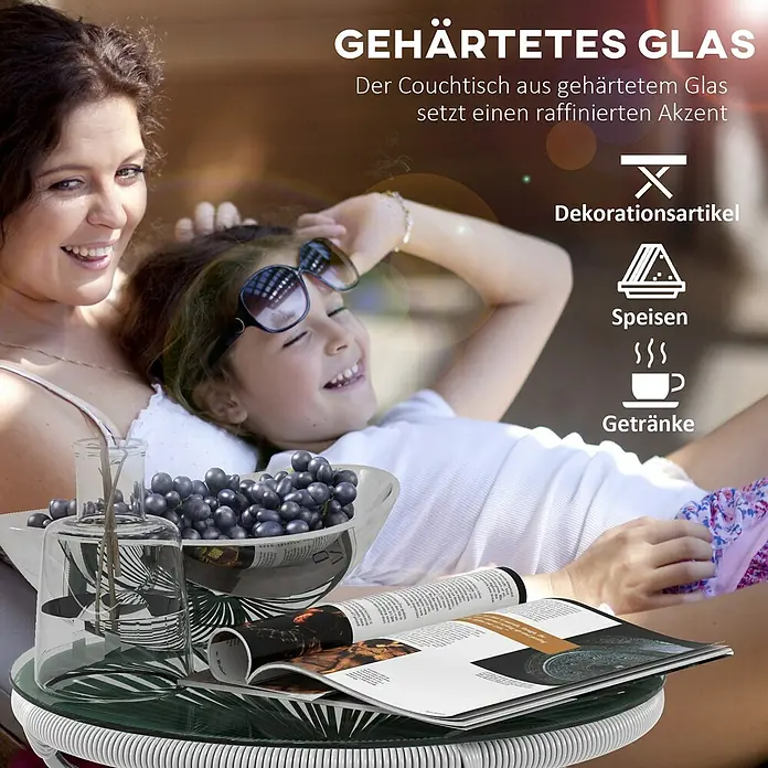 Outsunny Garten-Beistelltisch rund im Boho-Stil, Wetterbeständig - Metall, PE-Rattan, Grau