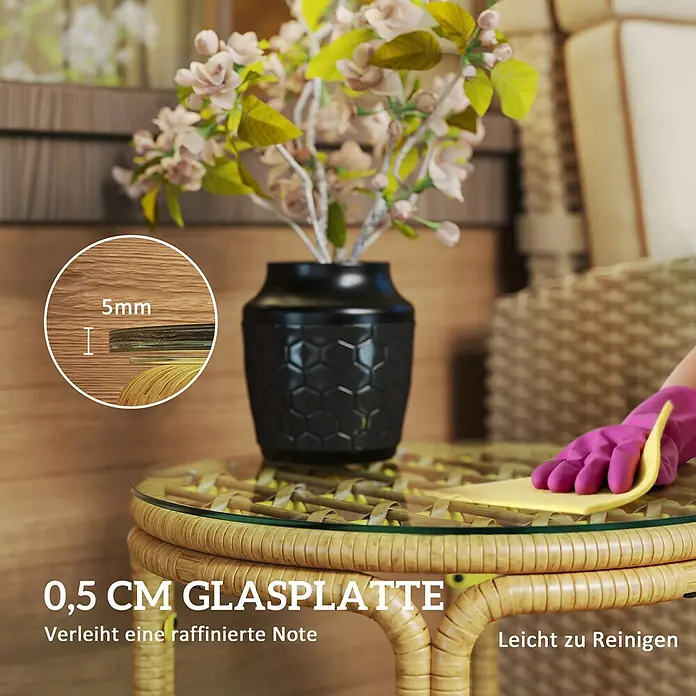 Outsunny Garten-Beistelltisch rund mit Glas Tischplatte - Ø x H: 50 x 44 cm, Stahl, PE-Rattan, Gelb