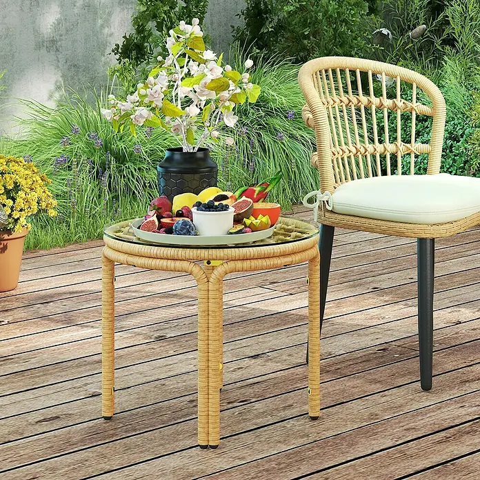 Outsunny Garten-Beistelltisch rund mit Glas Tischplatte - Ø x H: 50 x 44 cm, Stahl, PE-Rattan, Gelb