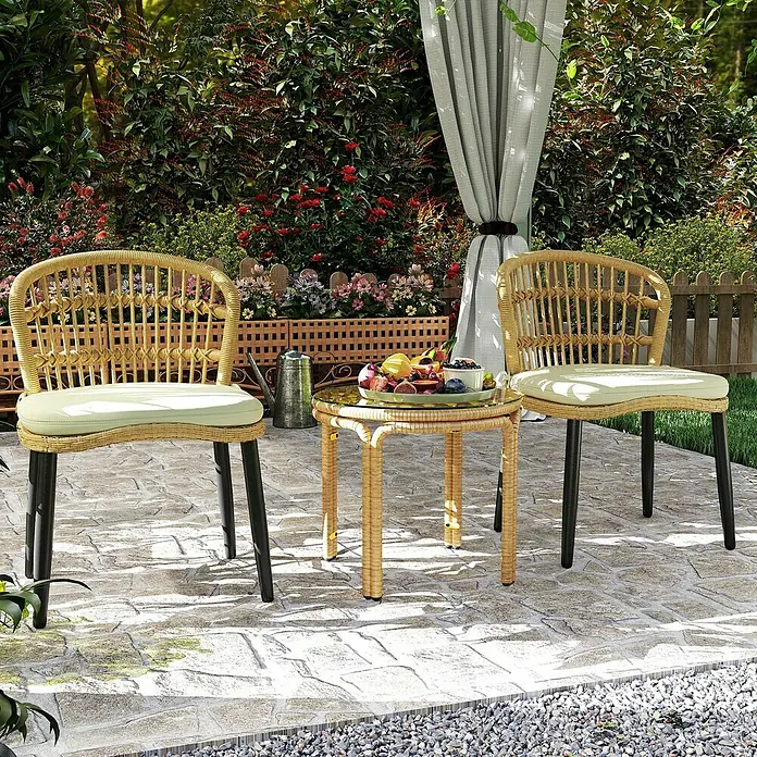 Outsunny Garten-Beistelltisch rund mit Glas Tischplatte - Ø x H: 50 x 44 cm, Stahl, PE-Rattan, Gelb