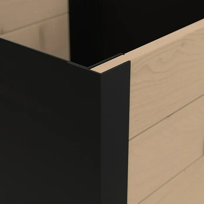 Upyard Pflanzkasten Modernbox niedrig - 36 x 36 x 32 cm, Holz, Braun/Schwarz - Schwarze texturierte Metalleckprofile verbinden helle Holzpaneele eines Hochbeets.