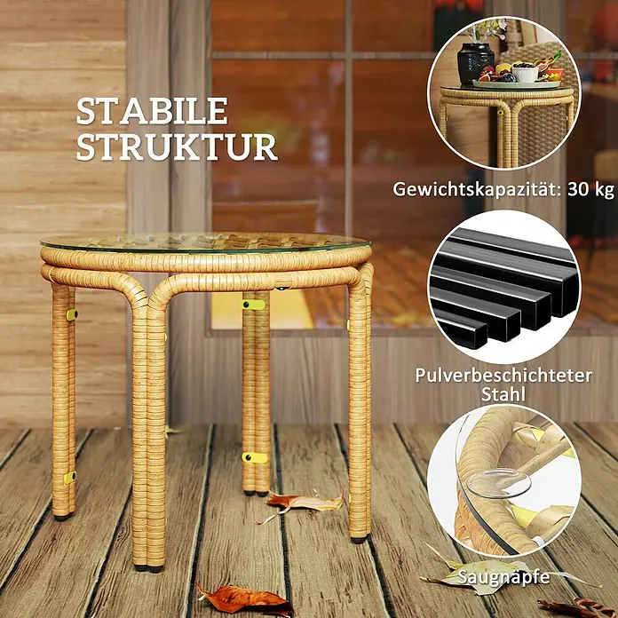 Outsunny Garten-Beistelltisch rund mit Glas Tischplatte - Ø x H: 50 x 44 cm, Stahl, PE-Rattan, Gelb