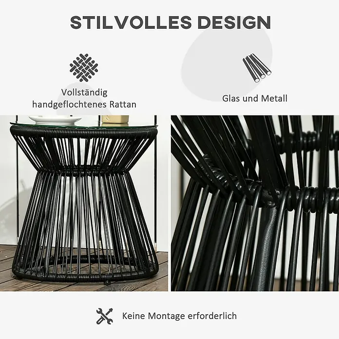 Outsunny Garten-Beistelltisch rund im Boho-Stil - Metall, PE-Rattan, Schwarz