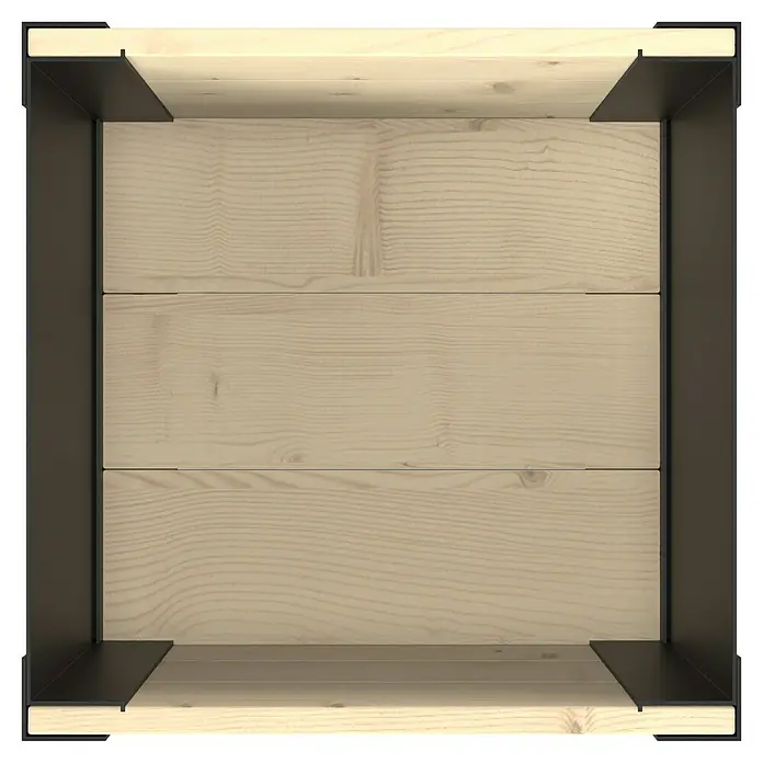 Upyard Pflanzkasten Modernbox niedrig - 36 x 36 x 32 cm, Holz, Natur/Schwarz - Leere Holzkiste mit dunklen Metalleckbeschlägen, von oben gesehen.