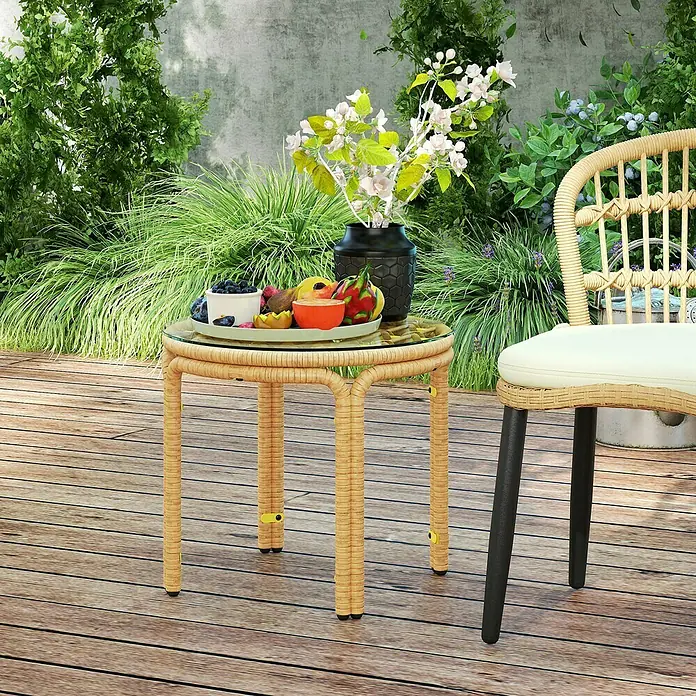 Outsunny Garten-Beistelltisch rund mit Glas Tischplatte - Ø x H: 50 x 44 cm, Stahl, PE-Rattan, Gelb