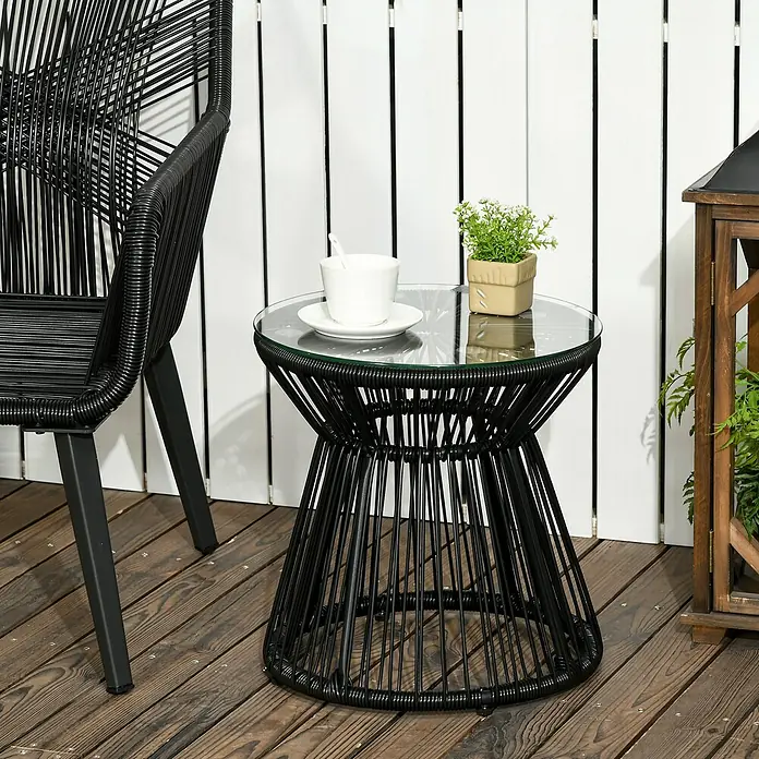 Outsunny Garten-Beistelltisch rund im Boho-Stil - Metall, PE-Rattan, Schwarz