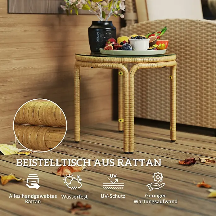Outsunny Garten-Beistelltisch rund mit Glas Tischplatte - Ø x H: 50 x 44 cm, Stahl, PE-Rattan, Gelb