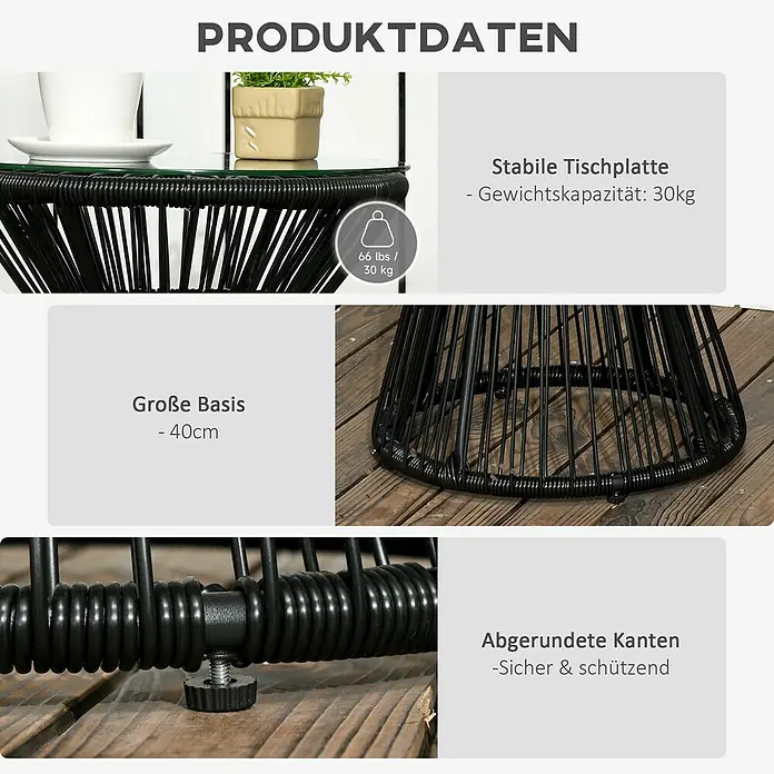 Outsunny Garten-Beistelltisch rund im Boho-Stil - Metall, PE-Rattan, Schwarz