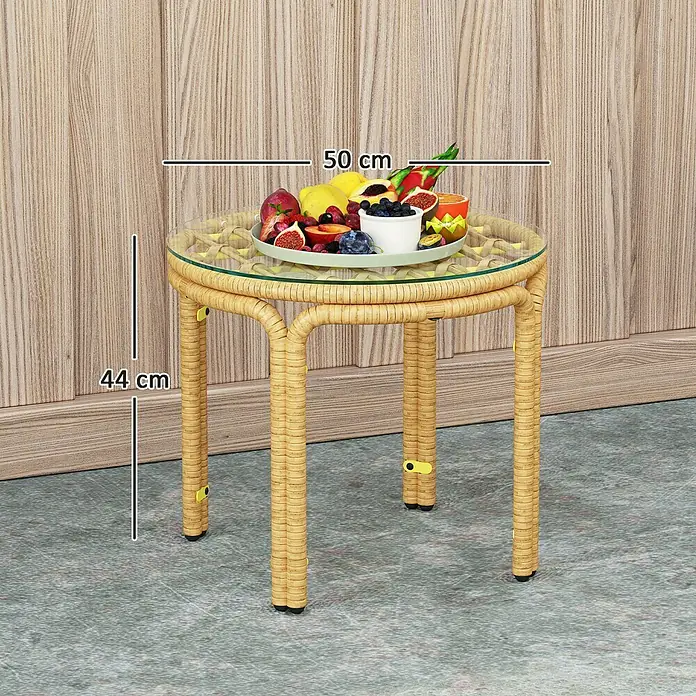Outsunny Garten-Beistelltisch rund mit Glas Tischplatte - Ø x H: 50 x 44 cm, Stahl, PE-Rattan, Gelb