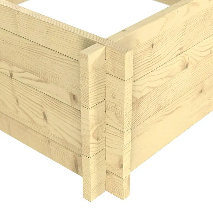 Upyard Hochbeet Multibox - L x B x H: 79 x 79 x 29,5 cm, Holz, Natur - Ecke eines Hochbeets aus hellem Holz mit ineinandergreifenden Brettern.