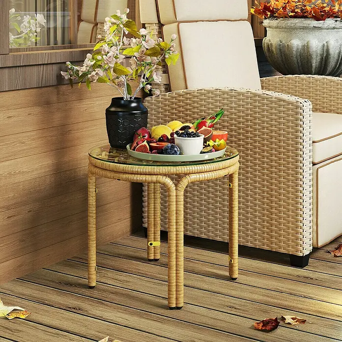 Outsunny Garten-Beistelltisch rund mit Glas Tischplatte - Ø x H: 50 x 44 cm, Stahl, PE-Rattan, Gelb