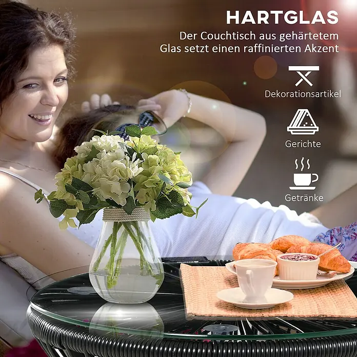 Outsunny Garten-Beistelltisch rund im Boho-Stil - Metall, PE-Rattan, Schwarz