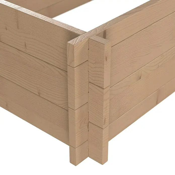 Upyard Hochbeet Multibox - L x B x H: 119 x 59,5 x 29,5 cm, Holz, Braun - Ecke eines hellen Hochbeets aus Holz mit ineinandergreifenden Brettern.