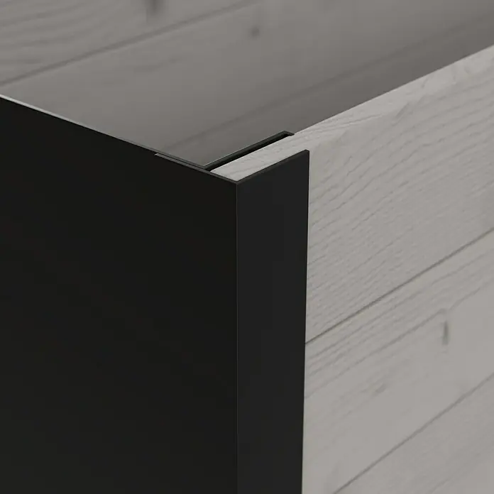 Upyard Pflanzkasten Modernbox niedrig - 118 x 36 x 32 cm, Holz, Grau/Schwarz - Schwarze Eckleiste an heller Holzschublade/Schrank mit dunklem grauem Innenraum.