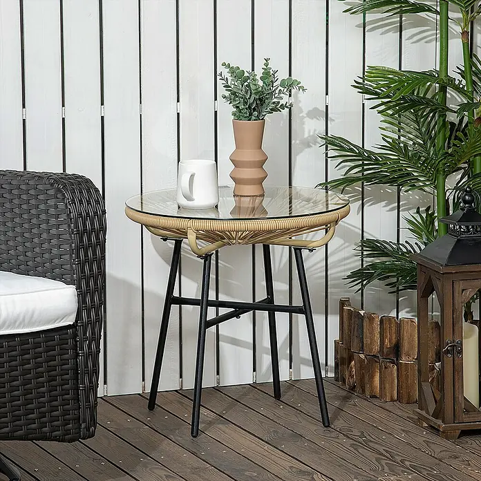 Outsunny Garten-Beistelltisch rund im Boho-Stil - Eisen, PE-Rattan, Beige