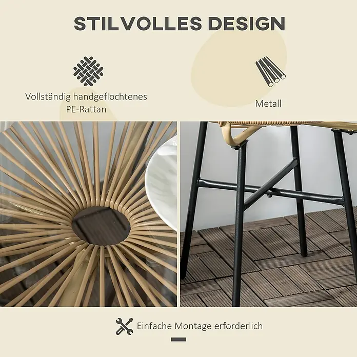 Outsunny Garten-Beistelltisch rund im Boho-Stil - Eisen, PE-Rattan, Beige