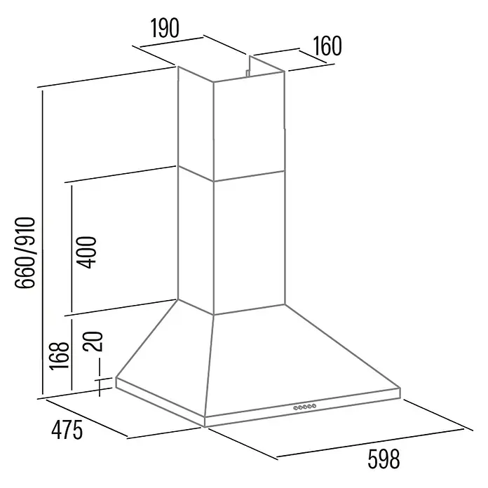 Cata Campana extractora VK-6000 - Ancho: 60 cm, 480 m³/h, Inox - Dibujo acotado de una campana extractora de cocina, mostrando medidas de altura, ancho y profundidad.