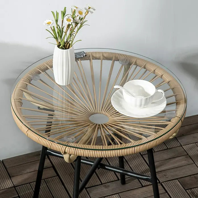Outsunny Garten-Beistelltisch rund im Boho-Stil - Eisen, PE-Rattan, Beige