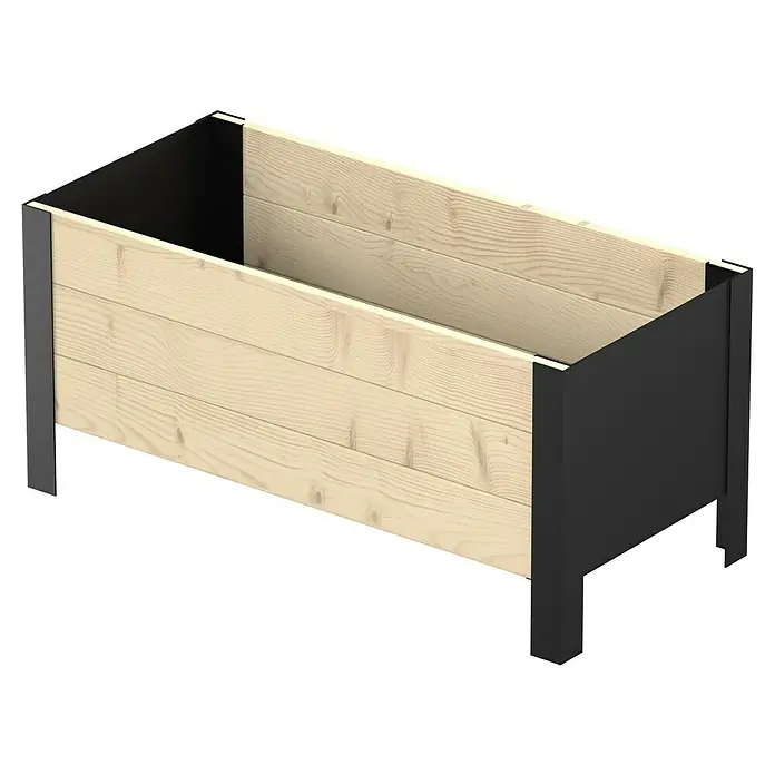 Upyard Macetero para plantas Modernbox Niedrig - 78 x 36 x 32 cm, Madera, Natural - Jardinera elevada con tablones de madera clara y estructura negra.