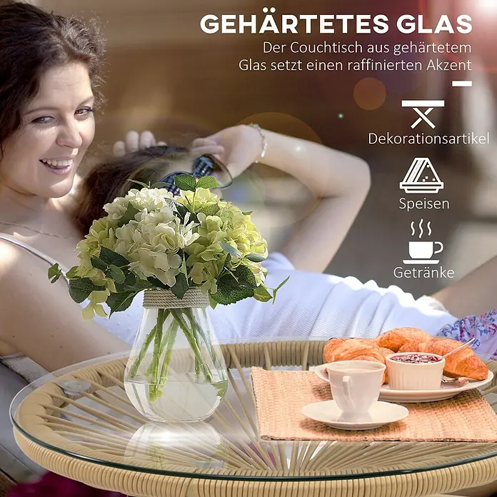 Outsunny Garten-Beistelltisch rund im Boho-Stil - Eisen, PE-Rattan, Beige