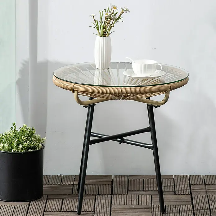 Outsunny Garten-Beistelltisch rund im Boho-Stil - Eisen, PE-Rattan, Beige