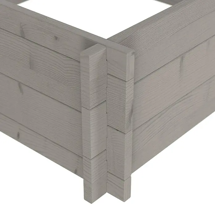 Upyard Hochbeet Multibox - L x B x H: 79 x 79 x 29,5 cm, Holz, Grau - Ecke eines hellgrauen Hochbeets aus gestapelten Holzbohlen.