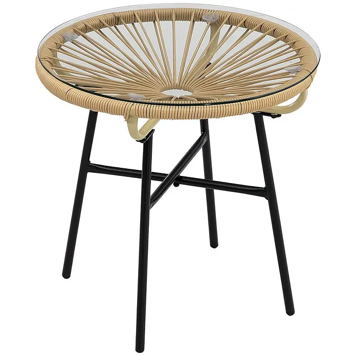 Outsunny Garten-Beistelltisch rund im Boho-Stil - Eisen, PE-Rattan, Beige