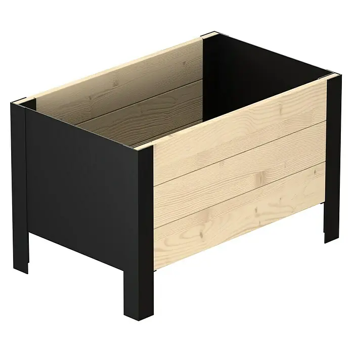 Upyard Pflanzkasten Modernbox niedrig - 58 x 36 x 32 cm, Holz, Natur/Schwarz - Rechteckiges Hochbeet mit schwarzem Metallrahmen und hellen Holzpaneelen, zum Gärtnern.