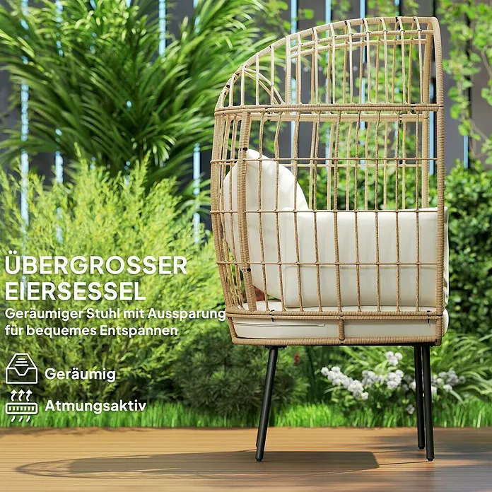 Outsunny Garten-Loungesessel mit abnehmbarem Kissen - PE Polyrattan, Beige, B x T x H: 80 x 80 x 155 cm