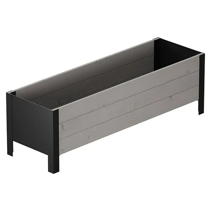 Upyard Pflanzkasten Modernbox niedrig - 118 x 36 x 32 cm, Holz, Grau/Schwarz - Rechteckiger Pflanzkasten aus hellgrauen Holzlatten und dunkelgrauem Metallrahmen.