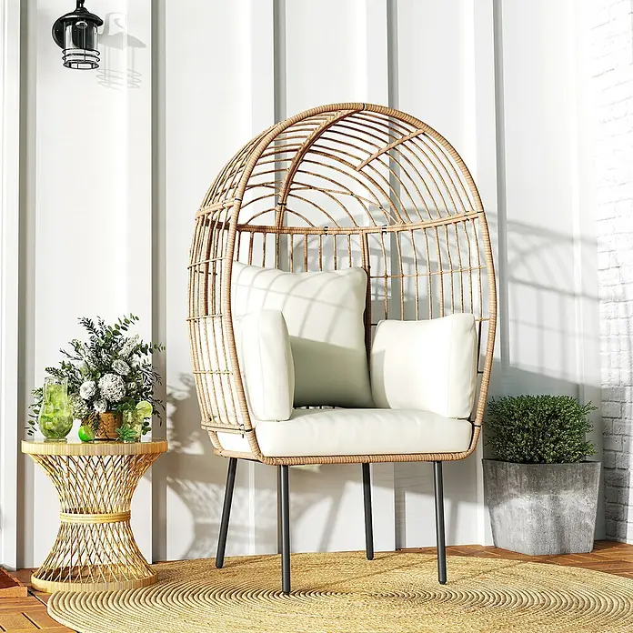 Outsunny Garten-Loungesessel mit abnehmbarem Kissen - PE Polyrattan, Beige, B x T x H: 80 x 80 x 155 cm