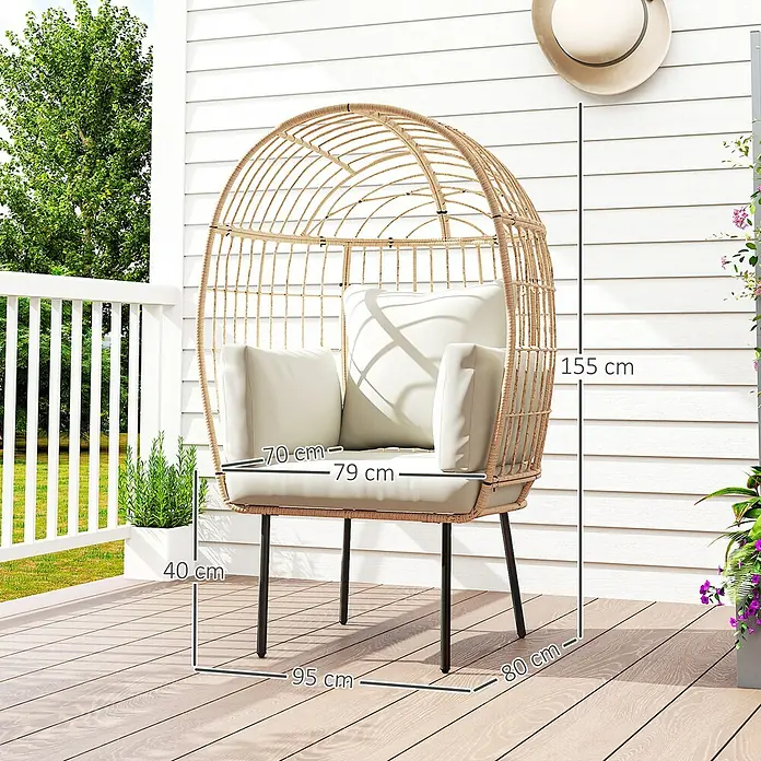 Outsunny Garten-Loungesessel mit abnehmbarem Kissen - PE Polyrattan, Beige, B x T x H: 80 x 80 x 155 cm